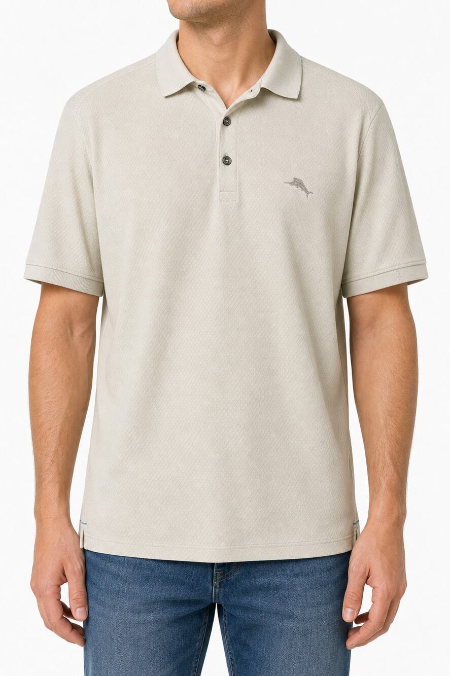 Tommy Bahama Men Cream Textured Marlin Logo Short Sleeve Polo Shirt Est L